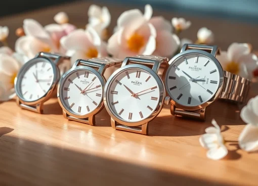 Stilvolle Damen Armbanduhren auf einem eleganten Holztablett mit zarten Blumen dekoriert.