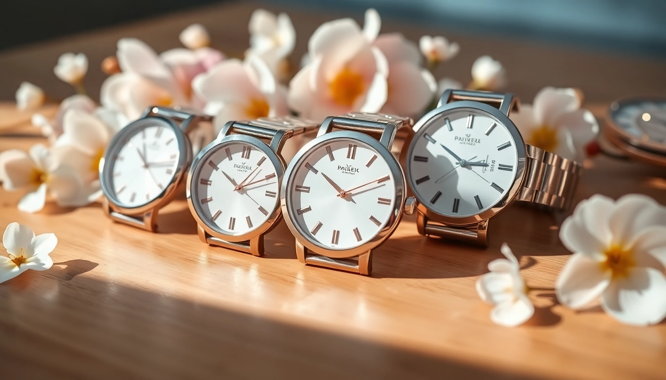 Stilvolle Damen Armbanduhren auf einem eleganten Holztablett mit zarten Blumen dekoriert.