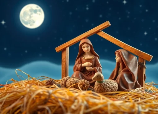 Admire this stunning Nativity set showcasing intricate figures of the Holy Family in a serene setting.