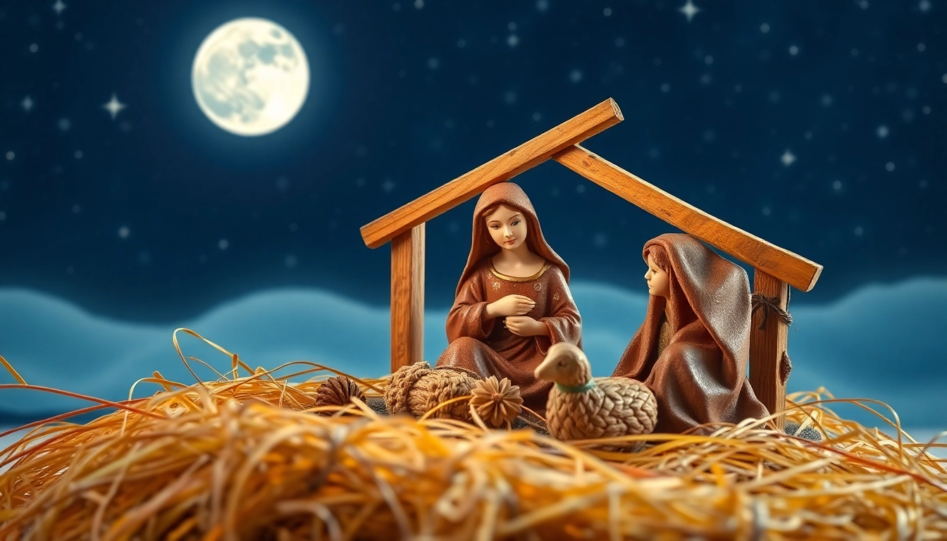 Admire this stunning Nativity set showcasing intricate figures of the Holy Family in a serene setting.
