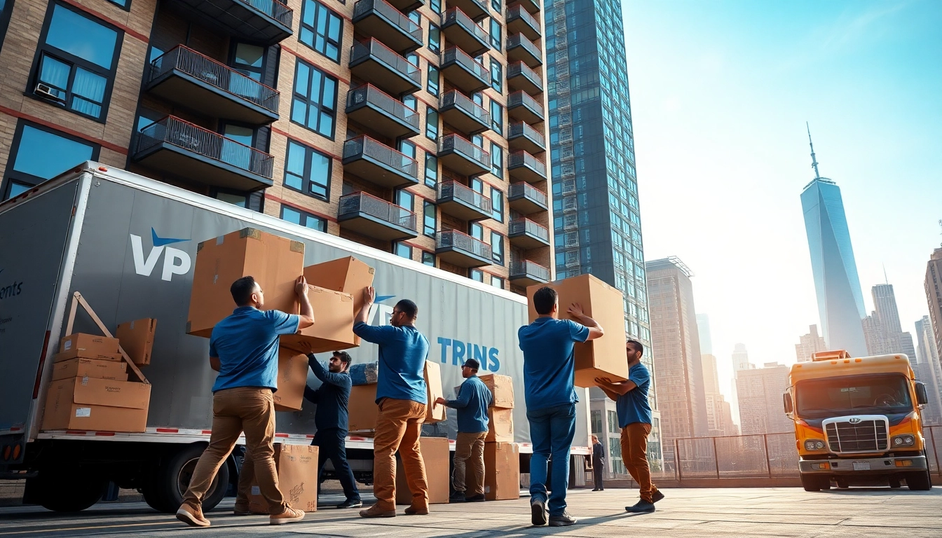 Moving company nyc team efficiently handling furniture and boxes amidst a busy NYC skyline.