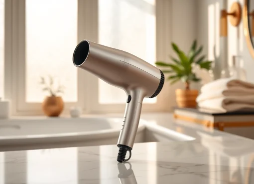 Luxury hair dryer elegantly showcased on a marble countertop surrounded by stylish bathroom decor.