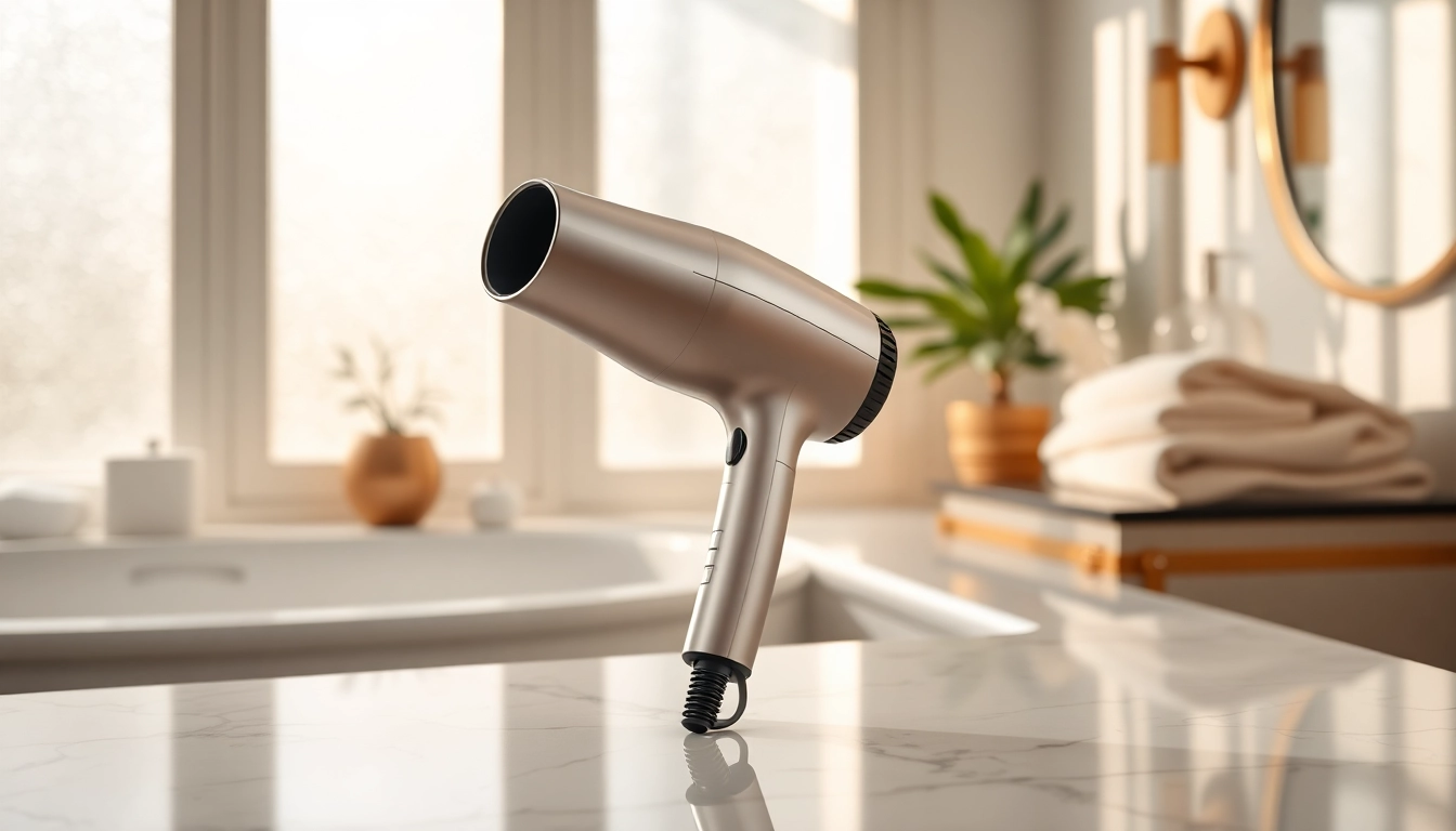 Luxury hair dryer elegantly showcased on a marble countertop surrounded by stylish bathroom decor.