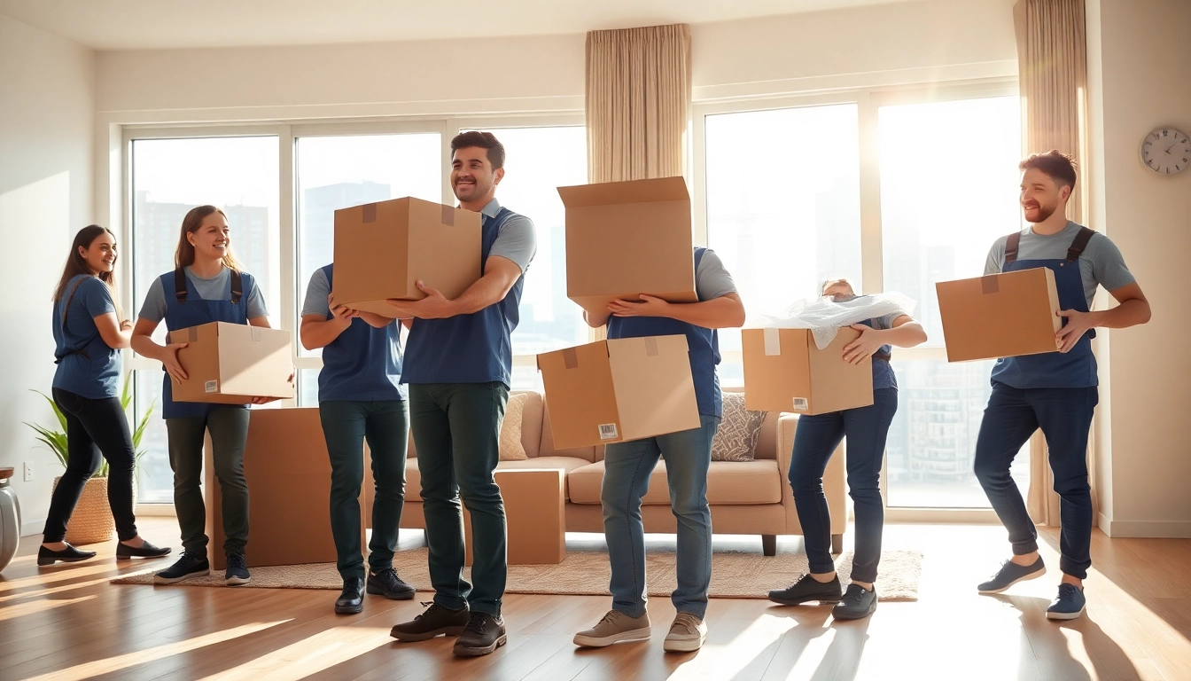 Movers Calgary efficiently handling boxes in a bright, modern living space.