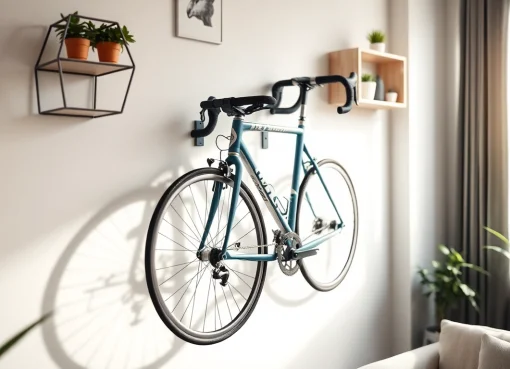 Showcasing a stylish bicycle wall hanger featuring modern design, enhancing home aesthetics.
