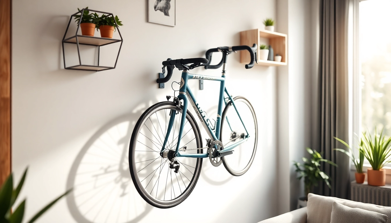 Showcasing a stylish bicycle wall hanger featuring modern design, enhancing home aesthetics.