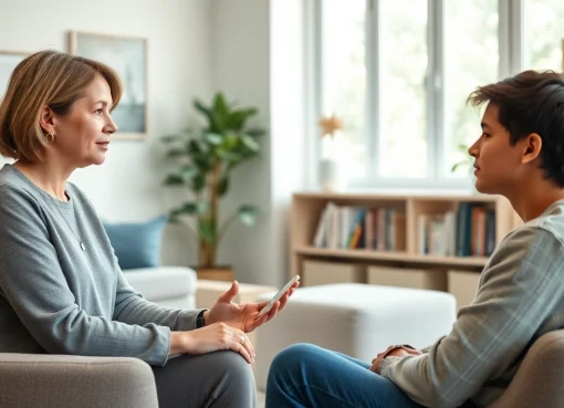 Clinician discussing depression with a patient in a calming therapy room filled with natural light.