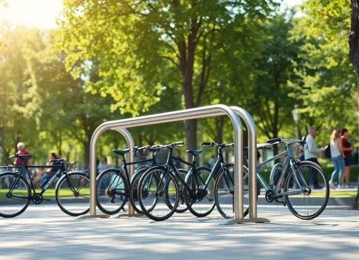 Parked bicycles on a modern bike rack in an urban park highlighting its sleek design and functionality.