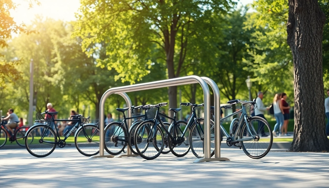 Parked bicycles on a modern bike rack in an urban park highlighting its sleek design and functionality.