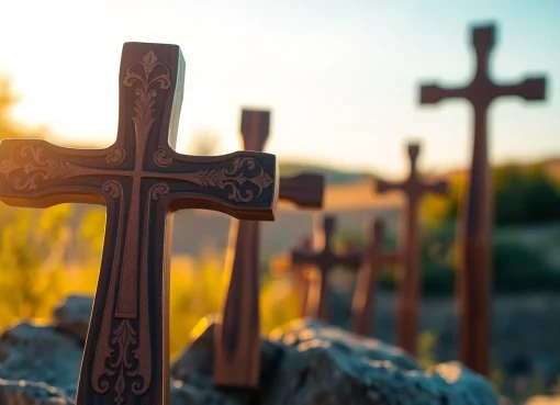 Admire beautiful handmade crosses with intricate designs and natural wooden textures.