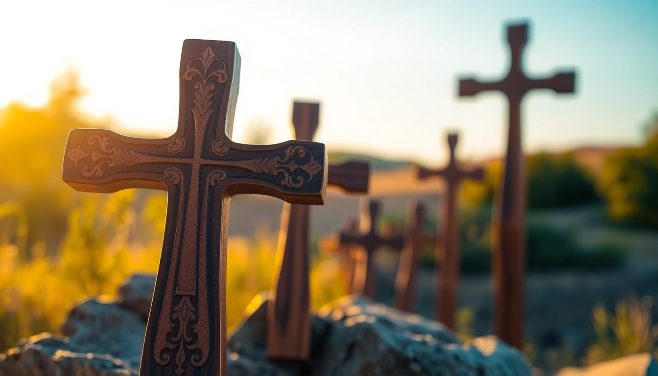 Admire beautiful handmade crosses with intricate designs and natural wooden textures.