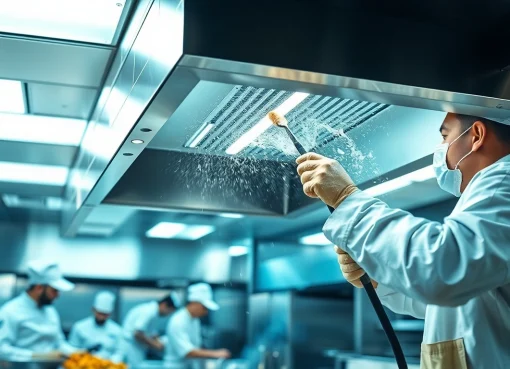 Technicians performing Exhaust Hood Cleaning service in a busy restaurant kitchen.