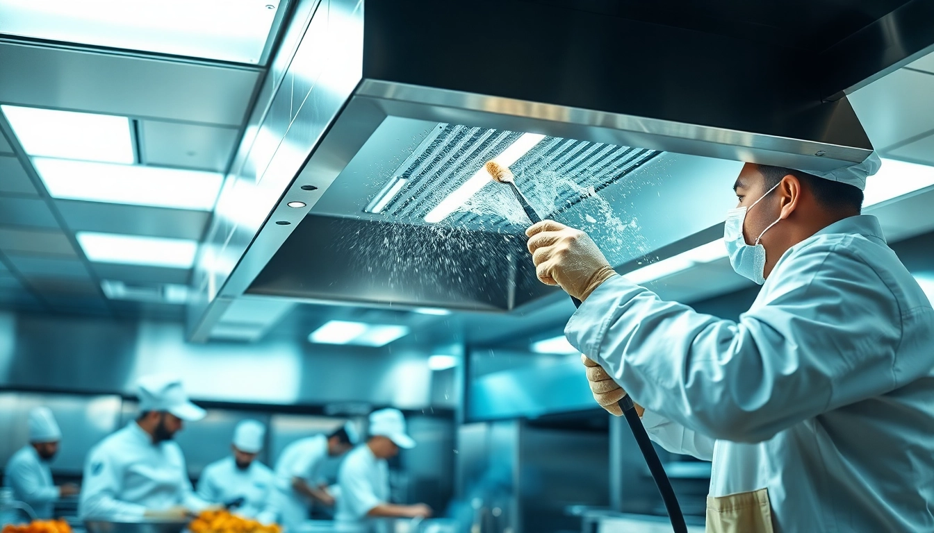 Technicians performing Exhaust Hood Cleaning service in a busy restaurant kitchen.