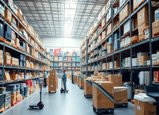 Arrange products efficiently in an amazon wholesale distribution center with employees sorting.