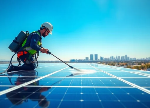 Professional solar panel cleaners Phoenix restoring solar panels on a bright rooftop in the Phoenix skyline.