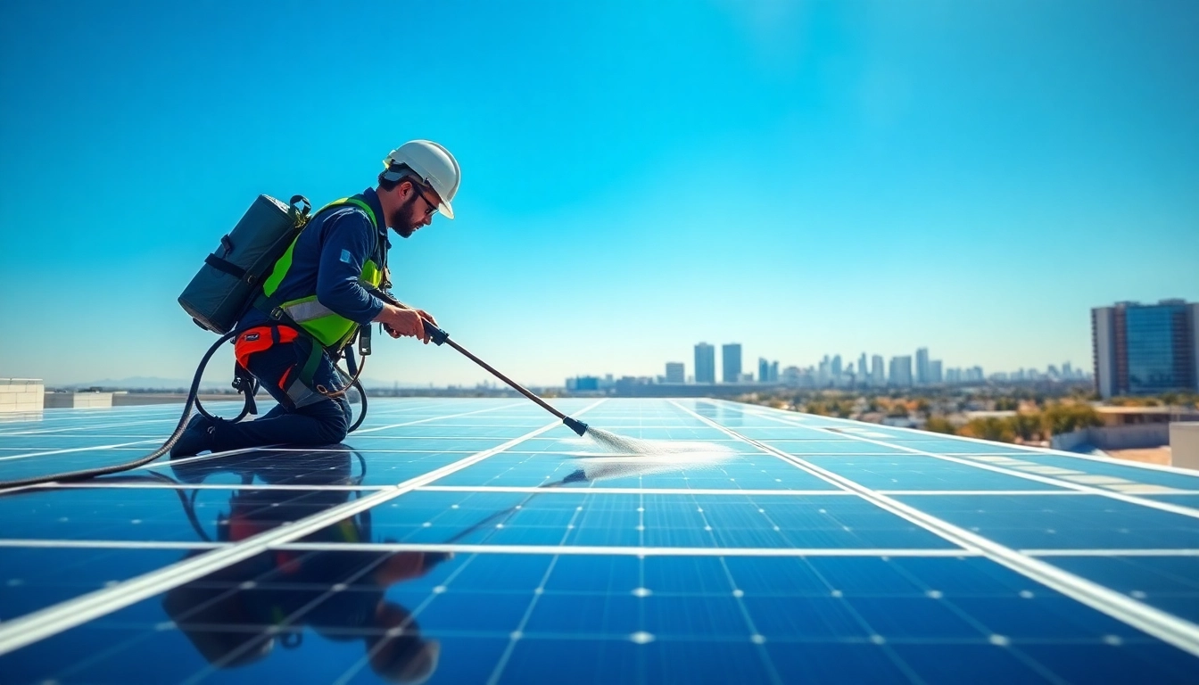 Professional solar panel cleaners Phoenix restoring solar panels on a bright rooftop in the Phoenix skyline.