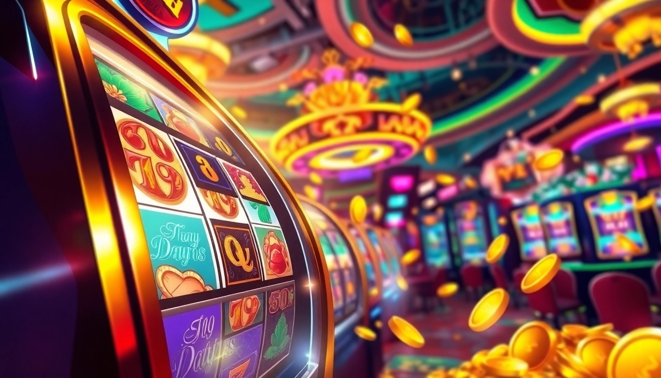 Permainan dax69 slot yang penuh warna dengan koin emas berjatuhan di kasino mewah.
